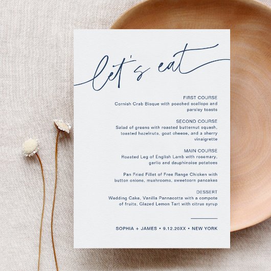 NEVE Navy Minimalist Wedding Dinner Menu Kaart