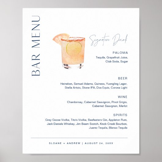 NEVE Navy Signature Drink Wedding Bar Menu Sign. Poster (Voorkant)