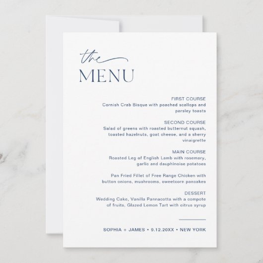 NEVE Navy Wedding Dinner Menu 5x7 Kaart (Voorkant)