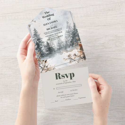 Nevelig berg aquarel winter bos bruiloft all in one uitnodiging (Afscheurbaar)