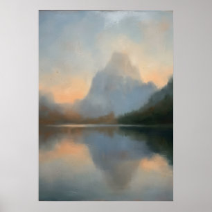 Nevelig bergmeer bij het ochtendgloren, pastel, li poster