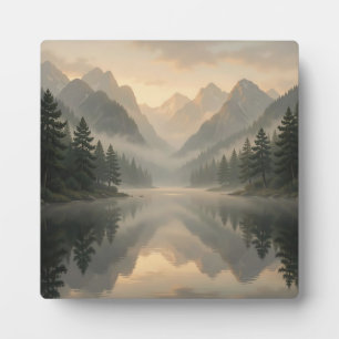 Nevelig bergmeer weerspiegeling dennenbos zonsopga fotoplaat