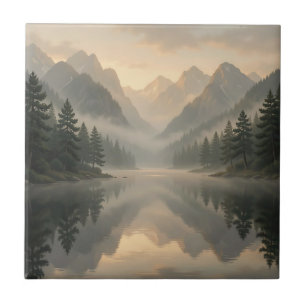 Nevelig bergmeer weerspiegeling dennenbos zonsopga tegeltje