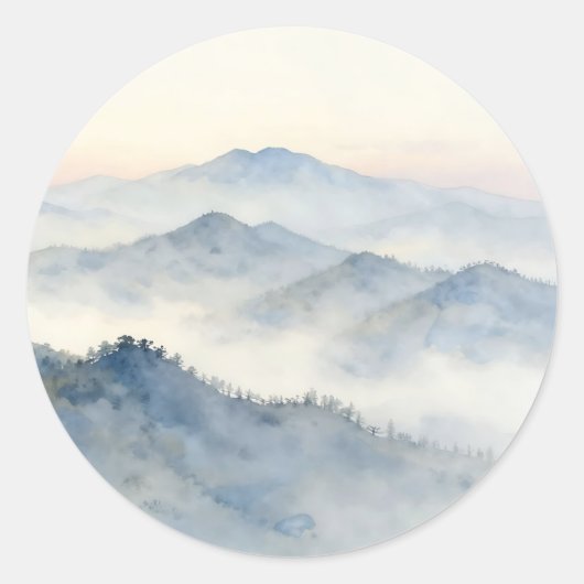 Nevelig bergwaterverf landschap ronde sticker (Voorkant)