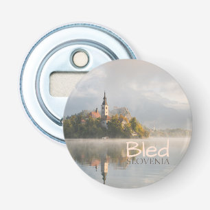 Nevelig Bledmeer, Slovenië zonsopgang tekst Button Flesopener