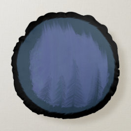Nevelig bos van bomen in blauwe cirkels rond kussen