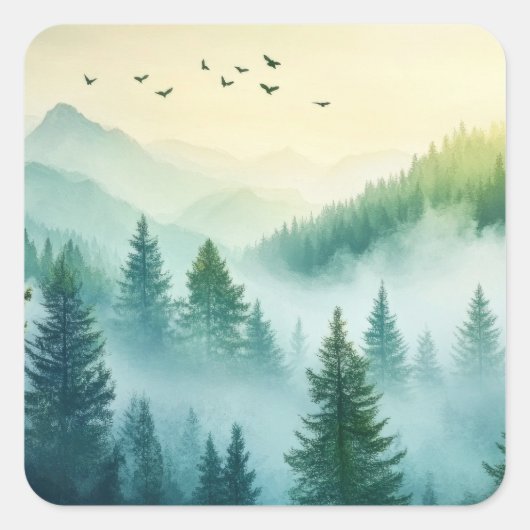 Nevelig bos vierkante sticker (Voorkant)