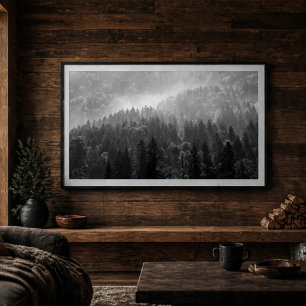 Nevelig dennenbos zwart-wit landschap poster