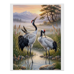 Nevelig landschap Elegante Kraanvogels Natuur Wild Perfect Poster