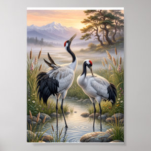 Nevelig landschap Elegante Kraanvogels Natuur Wild Poster