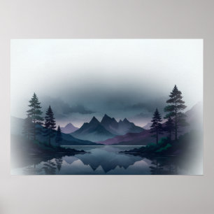 Nevelig Teal Paarse Bergmeer Dennen Landschap Poster