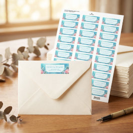 Nevelig Turquoise Roze Pioen Gouden Lijst Bruiloft Etiket