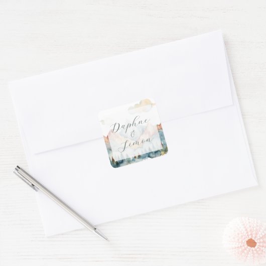 Nevelige Berg Bruiloft Vierkante Sticker (Envelop)