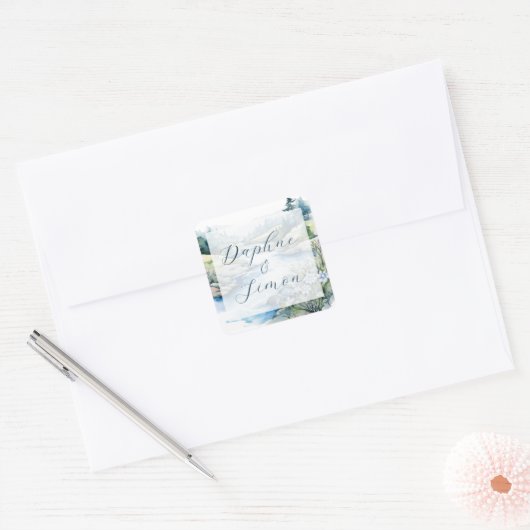 Nevelige Berg Bruiloft Vierkante Sticker (Envelop)