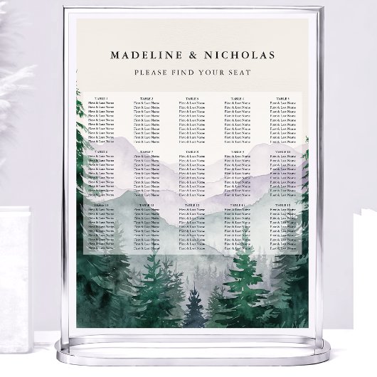 Nevelige bergbos bruiloft zitplaatsenkaart poster