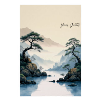 Nevelige bergstroom Chinese inktschildering Perfect Poster