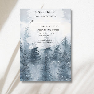 Nevelige Besneeuwde Bos Berg Waterverf Bruiloft RSVP Kaartje