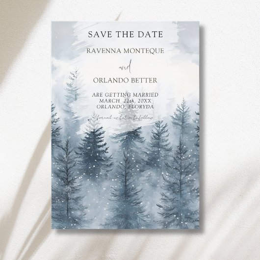 Nevelige Besneeuwde Bos Berg Waterverf Bruiloft Save The Date