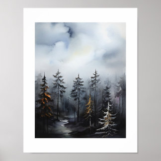 Nevelige bosbomen zicht schilderij poster