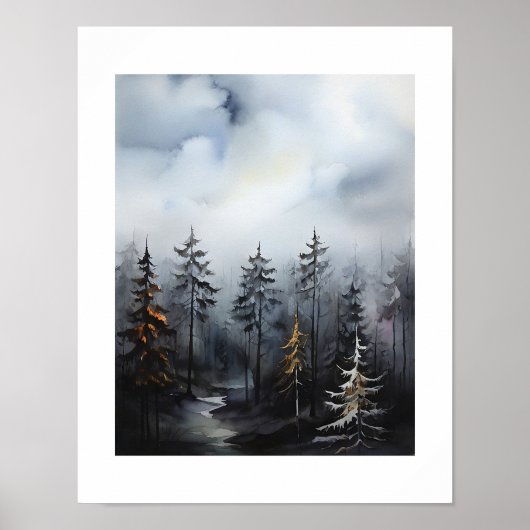 Nevelige bosbomen zicht schilderij poster (Voorkant)