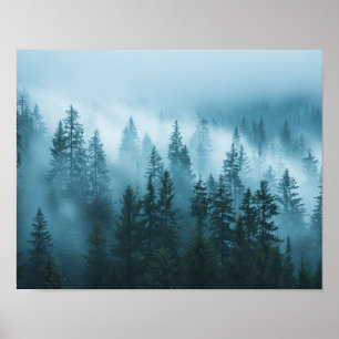 Nevelige dennenbos wandkunst afdruk Mistige groe Poster