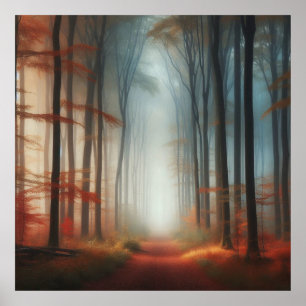 Nevelige herfstbosposter, kleurrijke boom poster