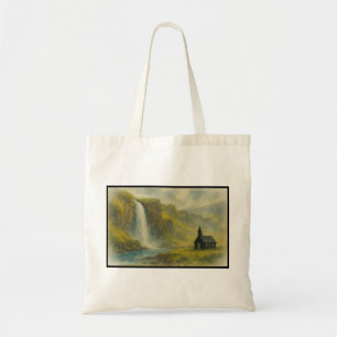 Nevelige IJslandse Waterval en Kerk, Noordse Land Tote Bag