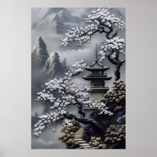 Nevelige Japanse Pagode Witte Kersenbloesem Poster