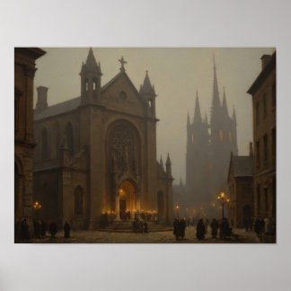 Nevelige kathedraalstraat Impressionistische oliev Poster