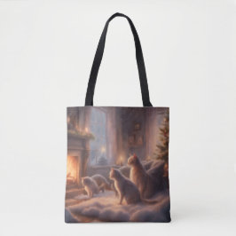 Nevelige kerstochtend bij de open haard tote bag