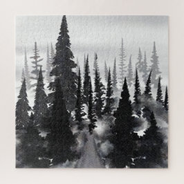 Nevelige monochrome dennenbos watercolor kunstprin legpuzzel
