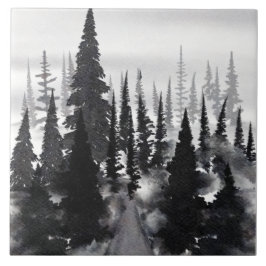 Nevelige monochrome dennenbos watercolor kunstprin tegeltje