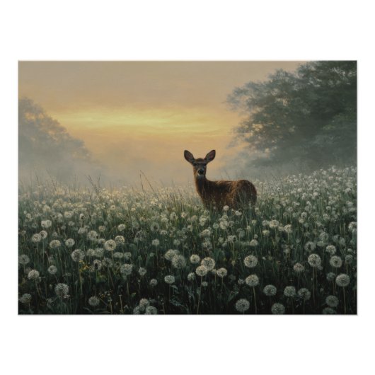 Nevelige Morgen Weide Herten Perfect Poster (Voorkant)