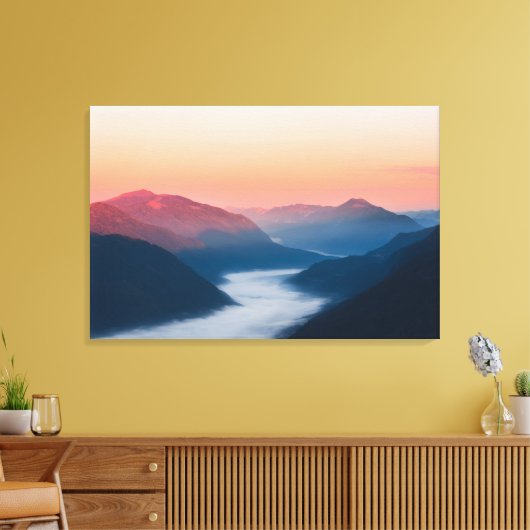 Nevelige rivier Soča bij zonsopgang Canvas Afdruk (Insitu (Woonkamer))