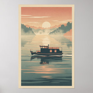 Nevelige rivierveer bij zonsopgang Retro Poster