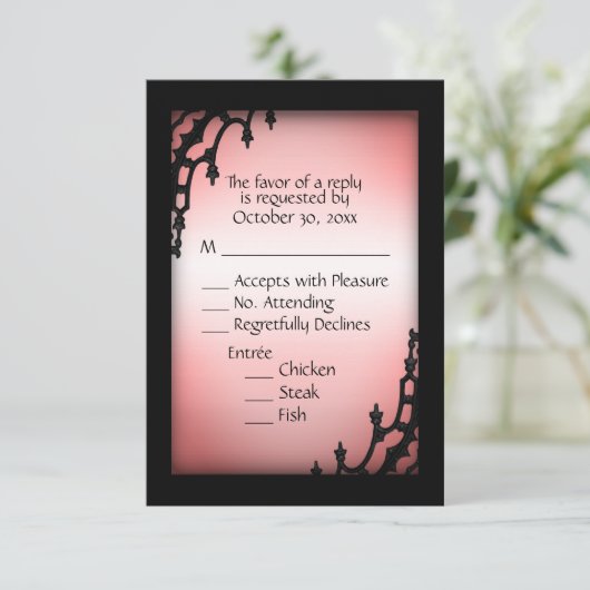 Nevelige rode gotische RSVP met menuoptie Kaartje (Staand voorkant)