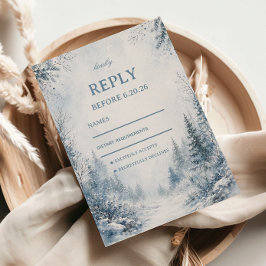 Nevelige sneeuwval langs blauw RSVP kaartje
