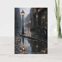 Nevelige straat met vintage fiets Blank Art Card