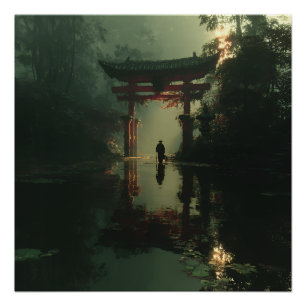 Nevelige Torii-poort Dageraad Eenzaamheid Figuur Perfect Poster