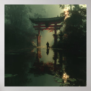 Nevelige Torii-poort Dageraad Eenzaamheid Figuur Poster