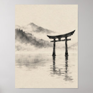 Nevelige Torii-poort Meer Japanse Sumi-e-inkt Kuns Poster