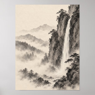 Nevelige Waterval in de Berg Japanse Sumi-e Inktsc Poster