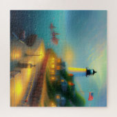 Nevelige zeehaven en vuurtoren legpuzzel (Horizontaal)