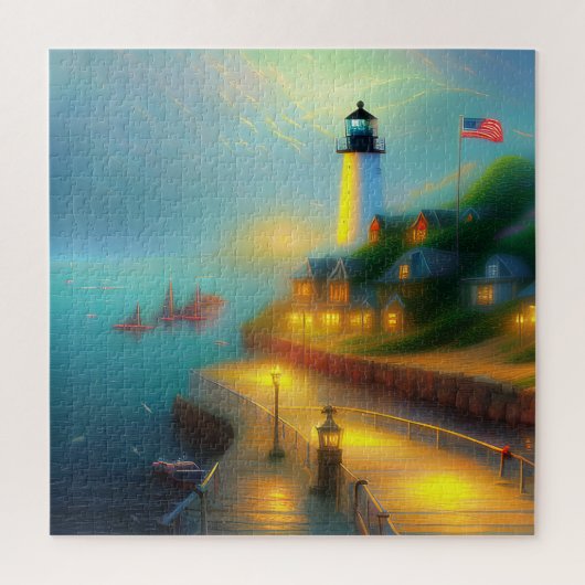 Nevelige zeehaven en vuurtoren legpuzzel (Verticaal)