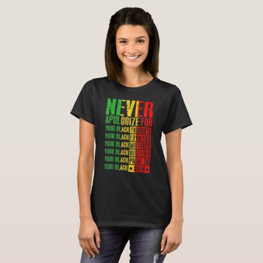 Never Apologize For Your Blackness Black History P T-shirt (Voorkant volledig)