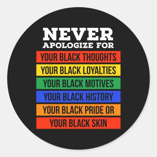 Never Apologize For Your Blackness - Black History Ronde Sticker (Voorkant)