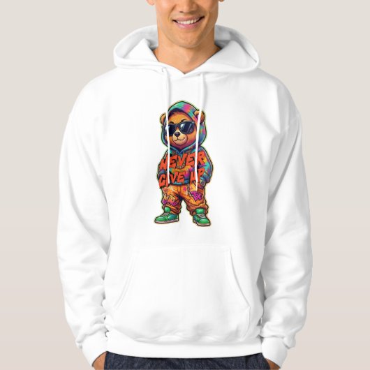 Never Give Up Cool Bear Design Hoodie (Voorkant)