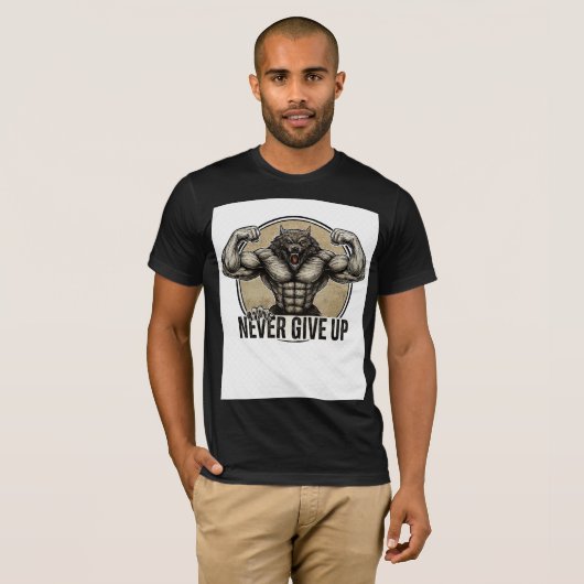 NEVER GIVE UP – Muscular Wolf Power T-shirt (Voorkant volledig)