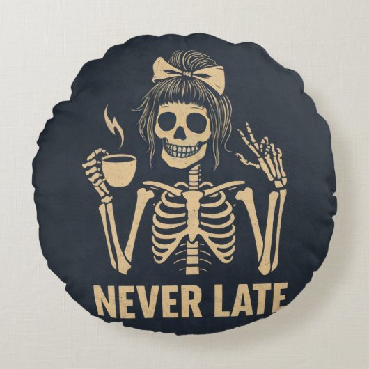 Never late  skeleton cushion rond kussen (Voorkant)