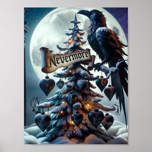 Nevermore Gotische Kerstboom met harten Raven Poster (Voorkant)